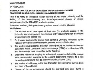 ABSU Inter-University and Inter-Departmental Transfers forms, 2024/2025