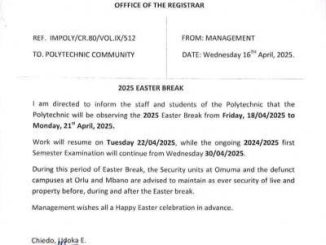 Imo State Poly notice of Easter break Imo State Poly notice of Easter break