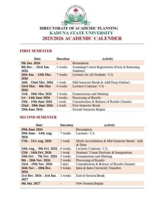 KASU 2025/2026 Academic Calendar Out KASU 2025/2026 Academic Calendar Out