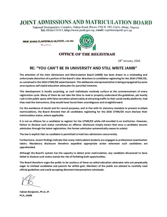 JAMB Explains Its Stand on University Students Sitting for UTME JAMB Explains Its Stand on University Students Sitting for UTME