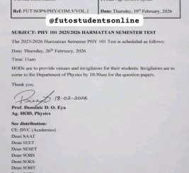 FUTO fixes date for PHY 101 2025/2026 harmattan semester test