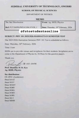 FUTO sets date for PHY 101 2025/2026 Harmattan test FUTO sets date for PHY 101 2025/2026 Harmattan test