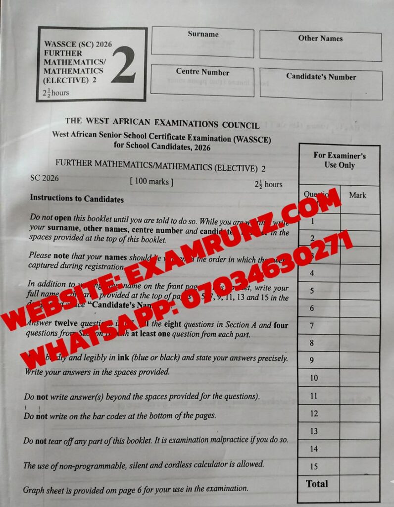 Waec 2026 Further Maths Questions and Answers