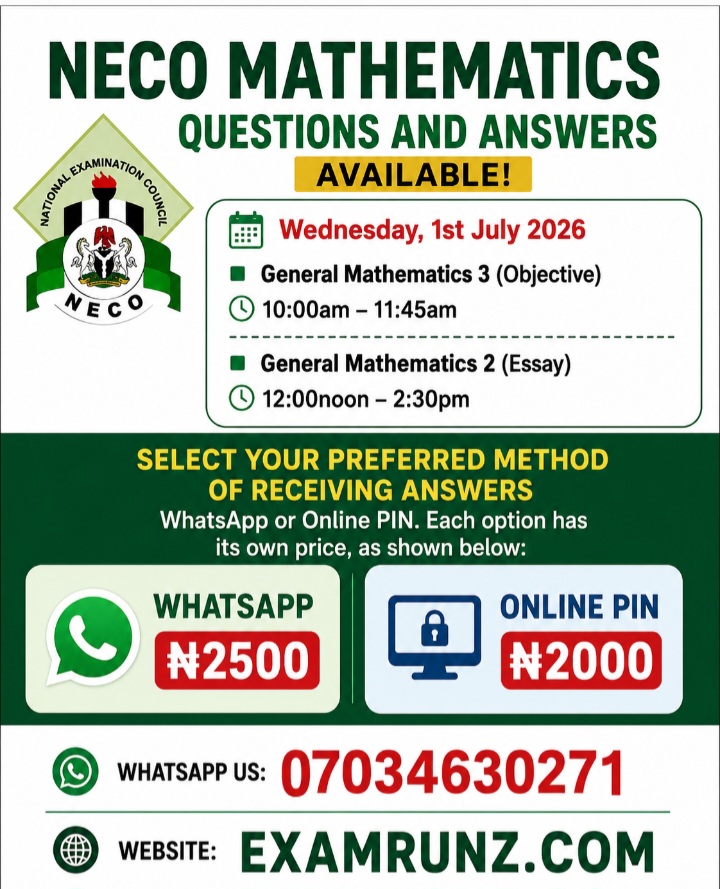 Neco 2026 Mathematics Questions and Answers Neco 2026 Mathematics Questions and Answers
