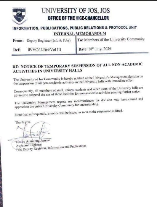 UNIJOS suspends all non-academic activities in University halls