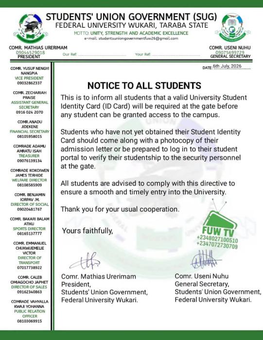 FUWUKARI Enforces Mandatory ID Card Use for Students