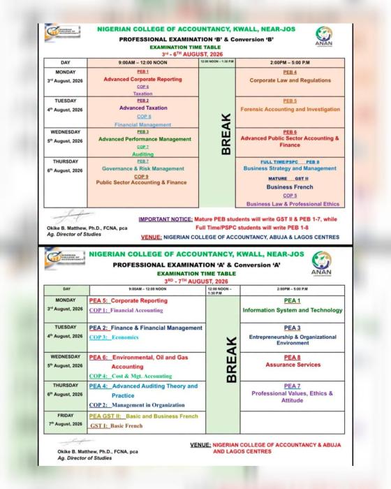 Nigerian College of Accountancy releases August 2026 resit timetable