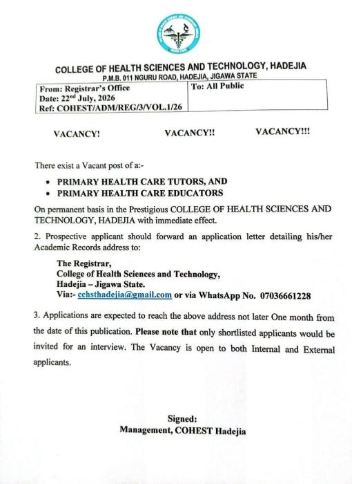 Hadejia Health College Announces Tutor Vacancies Hadejia Health College Announces Tutor Vacancies