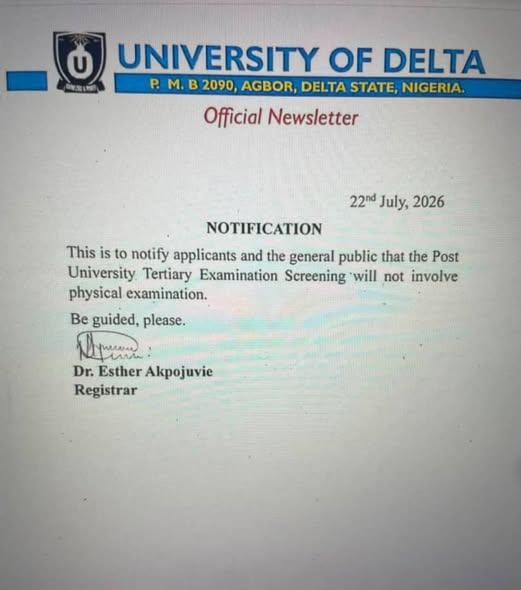 UNIDEL Updates Post-UTME Screening Mode 2026/2027 UNIDEL Updates Post-UTME Screening Mode 2026/2027