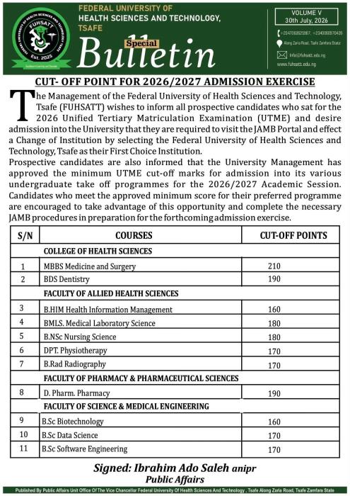 Fed University of Health Sci. & Tech. Tsafe Post-UTME 2026