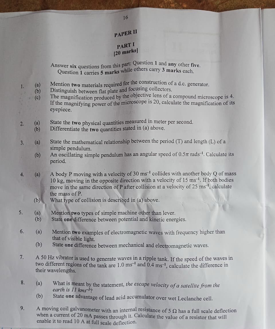 NECO 2026 Physics Answers