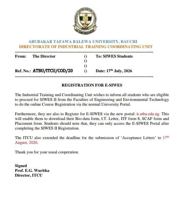ATBU issues registration notice to SIWES II students