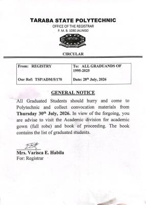 Taraba State Poly notice to Graduands Taraba State Poly notice to Graduands