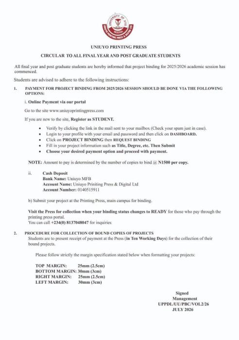 UNIUYO Final-Year & PG Project Binding Notice