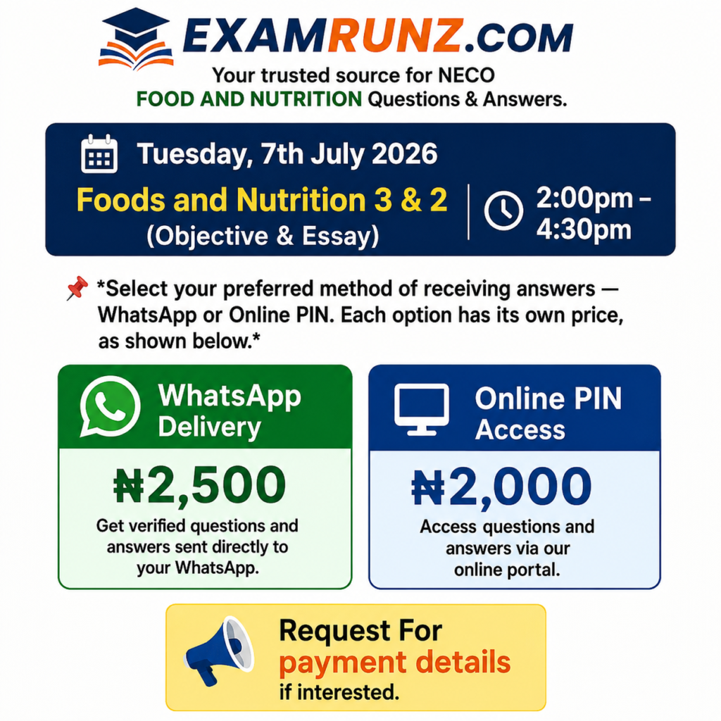 Get Neco 2026 Foods and Nutrition Answers