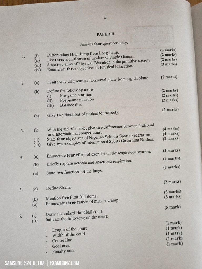 Neco 2026 Physical Education Questions and Answers