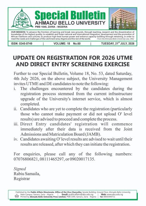 ABU Gives 2026 Post-UTME/DE Registration Update