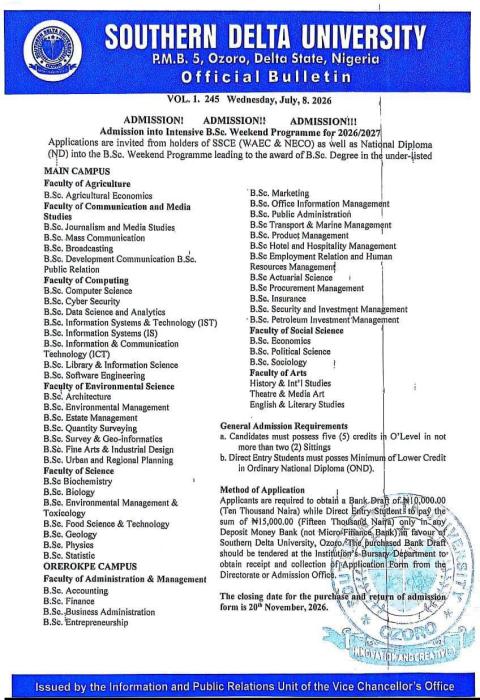 Southern Delta University Weekend B.Sc. Admission Form