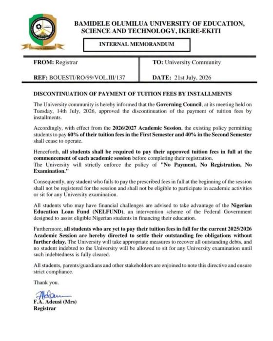 BOUESTI Ends Tuition Installment Payments