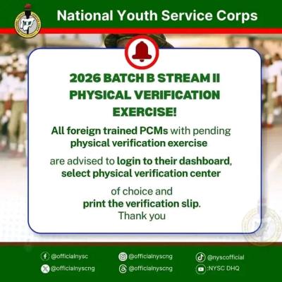 Notice: NYSC 2026 Batch B II Foreign Graduates Verification