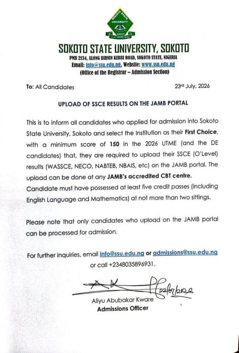 SSU Notice: Upload O'Level Results to JAMB Portal SSU Notice: Upload O'Level Results to JAMB Portal