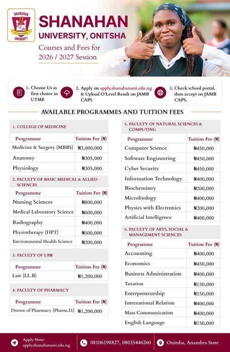 Shanahan University Releases 2026/2027 School Fees Schedule
