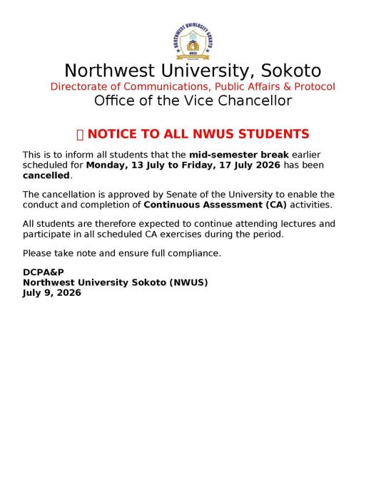 North West University Sokoto cancels 2nd mid-semester break for 2025/2026