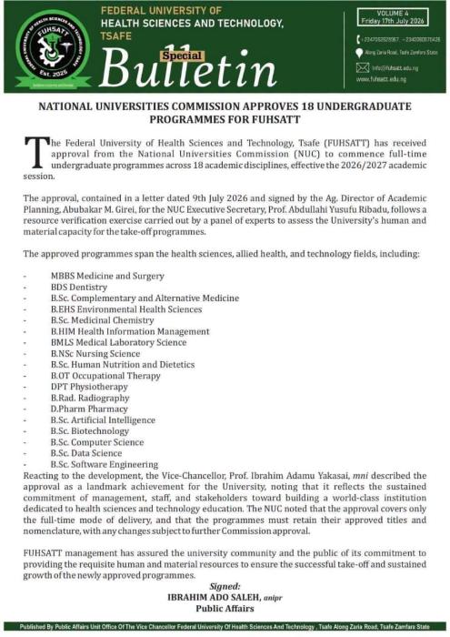 FUHST Tsafe Gets NUC Approval for 19 New Programmes