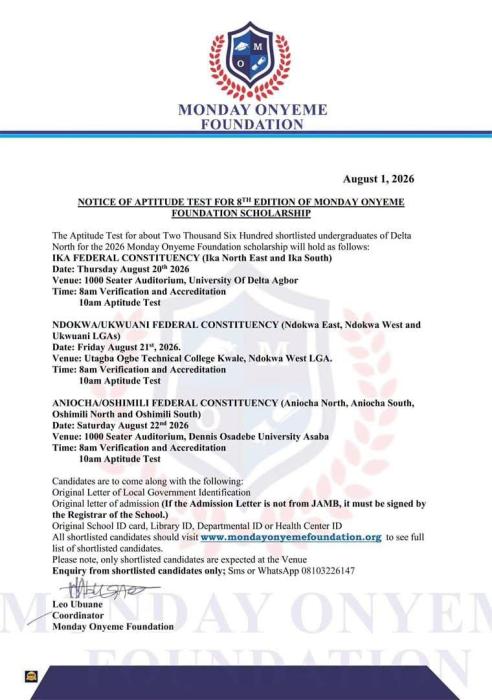 Monday Onyeme Foundation Announces Aptitude Test Schedule for 2026 Scholarship Applicants