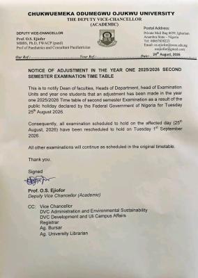 COOU Releases Adjusted 2025/2026 Second Semester Exam Timetable