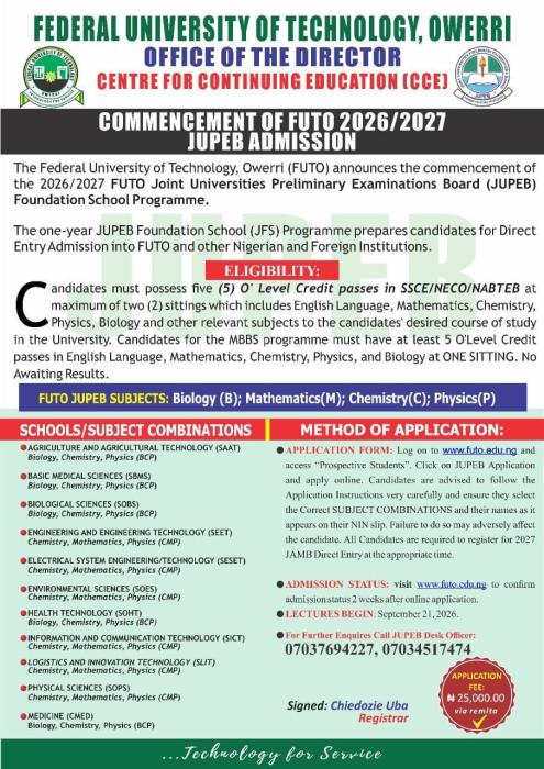 FUTO begins JUPEB admission for 2026/2027 session