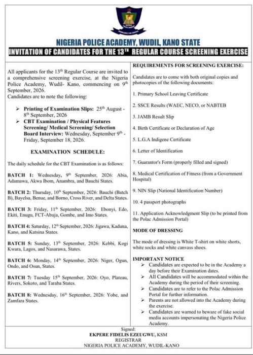 Nigerian Police Academy Kano 13th Regular Course screening dates and details