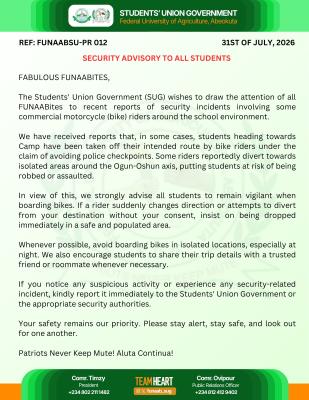 FUNAAB SUG security advisory to students