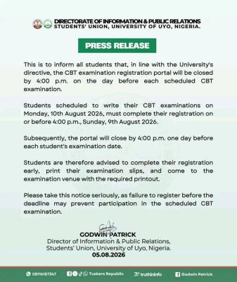 UNIUYO SUG notice on CBT exam registration portal