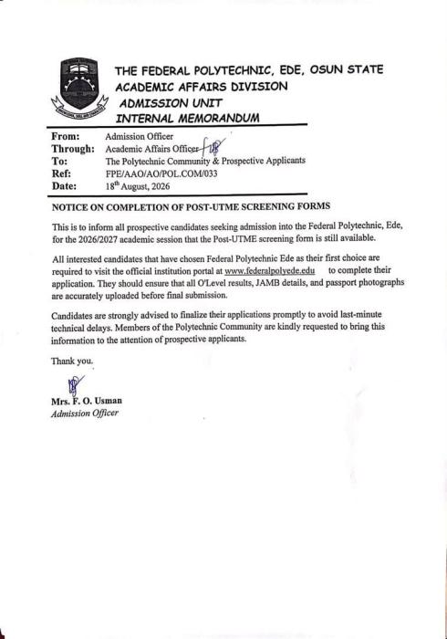 Federal Poly Ede: 2026/2027 Post-UTME Form Notice Federal Poly Ede: 2026/2027 Post-UTME Form Notice