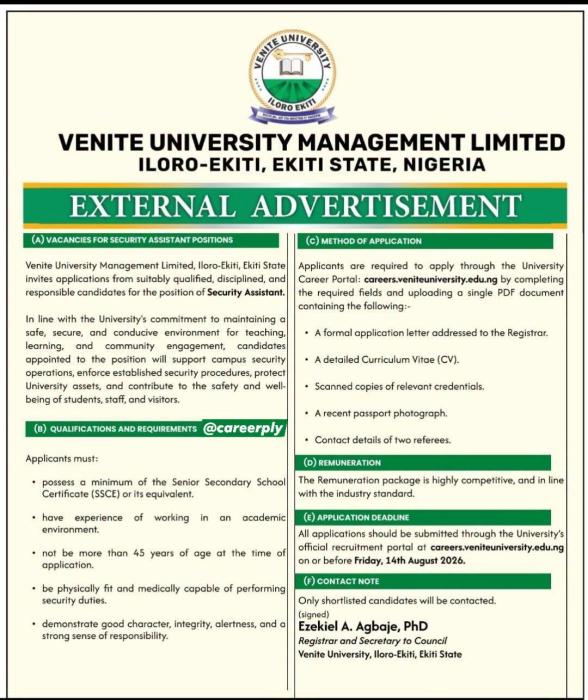 Venite University Begins Recruitment of Security Assistants