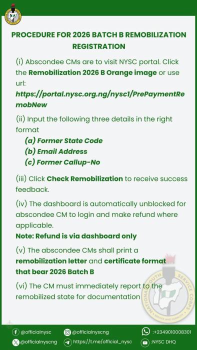 NYSC Releases Guidelines for 2026 Batch B Remobilization Registration
