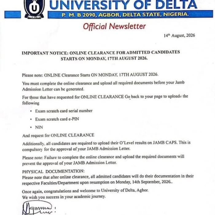 UNIDEL 2026/2027 Admission List & Online Clearance Commencement