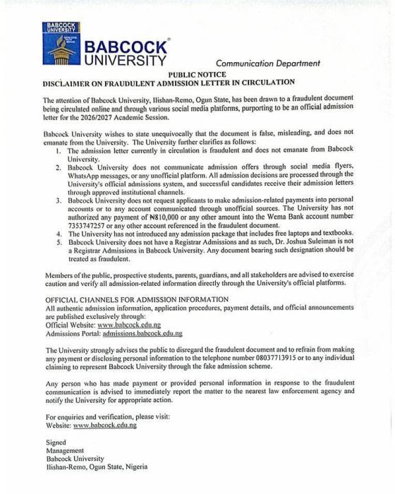 Babcock Issues Disclaimer on Fraudulent Admission Letters in Circulation