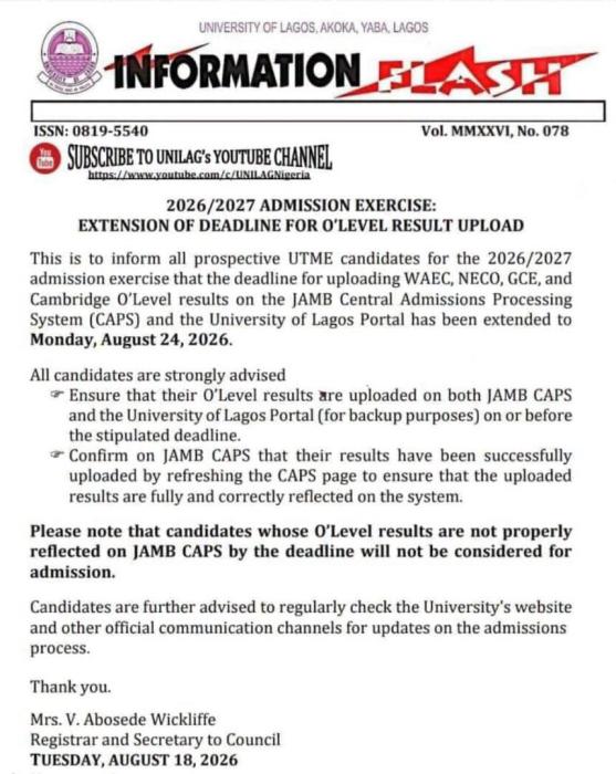 UNILAG Announces New Deadline for 2026/2027 O’Level Result Upload