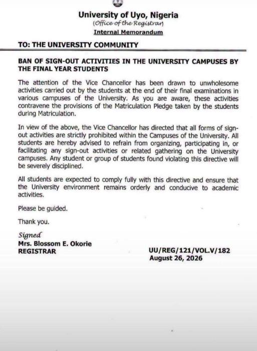 UNIUYO Bans Sign-Out Activities Within University Campuses