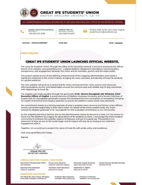 OAU SUG Launches Official Website For Student