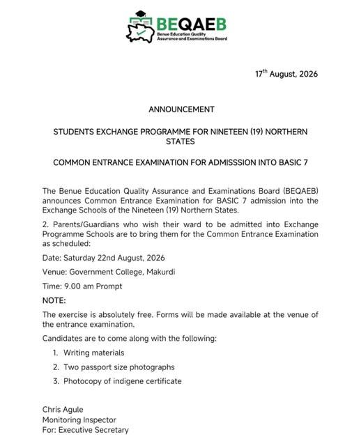 BEQAEB Announces Common Entrance Exam for Basic 7 Admission