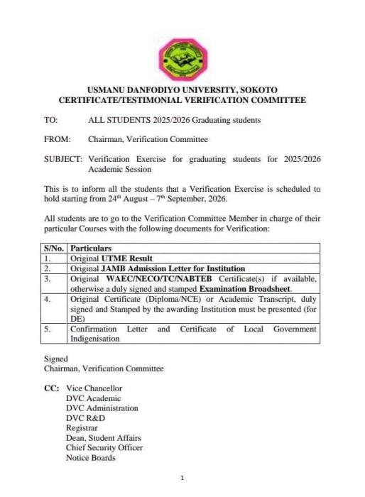 UDUS Begins Certificate Verification for Finalists and Graduates