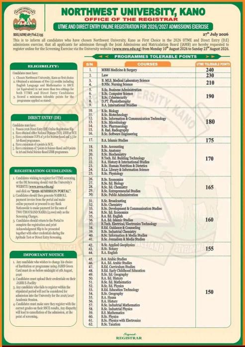 Northwest University Kano 2026 Post-UTME/DE Details