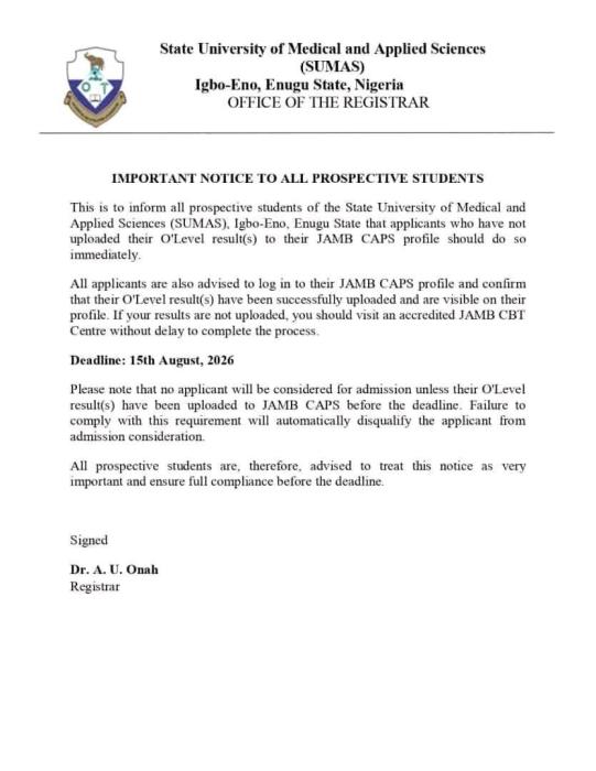 SUMAS Issues Notice on O’Level Result Upload for Prospective Students