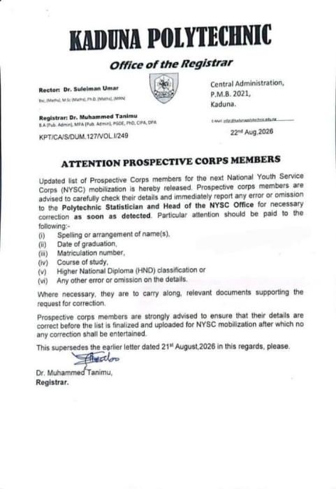 Kaduna Polytechnic Releases Updated NYSC Mobilization List 2026