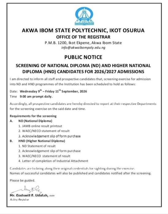 Akwa Ibom State Polytechnic Announces 2026/2027 ND & HND Admission Screening