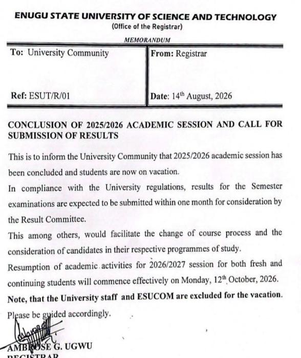 ESUT announces resumption date for 2026/2027 academic session