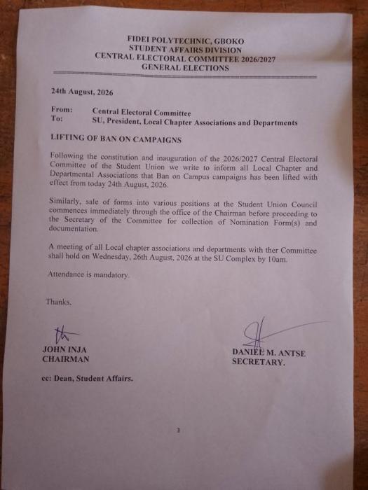 Fidei Poly lifts ban on SUG Campaign activities